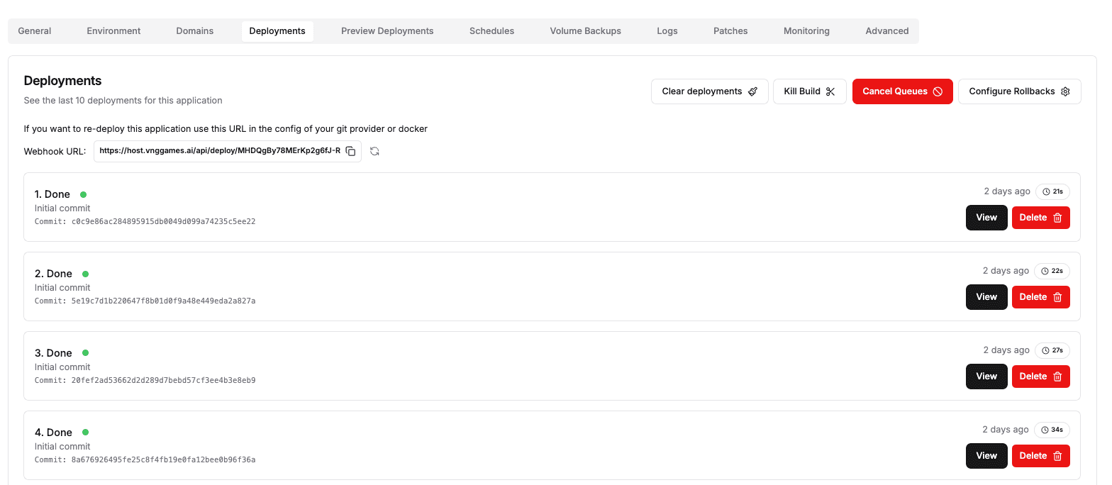 Dokploy Deployments tab — Webhook URL to copy