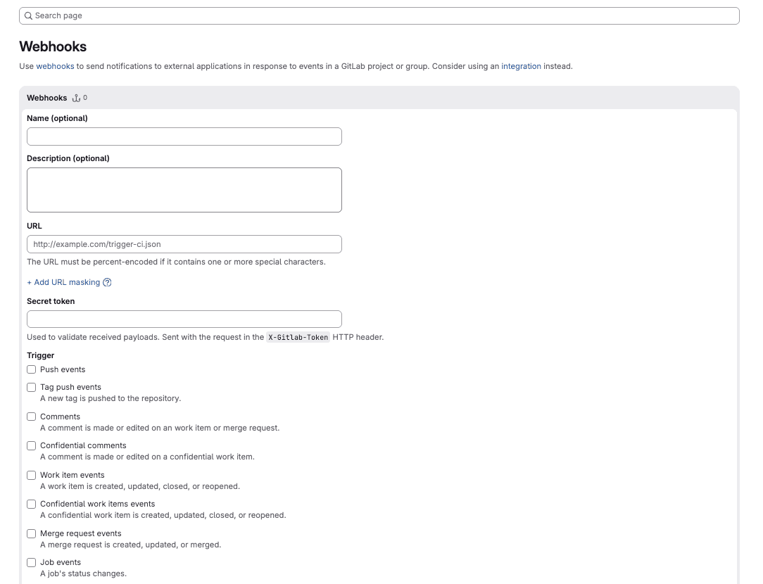 GitLab Add new webhook form — URL, Trigger and SSL fields