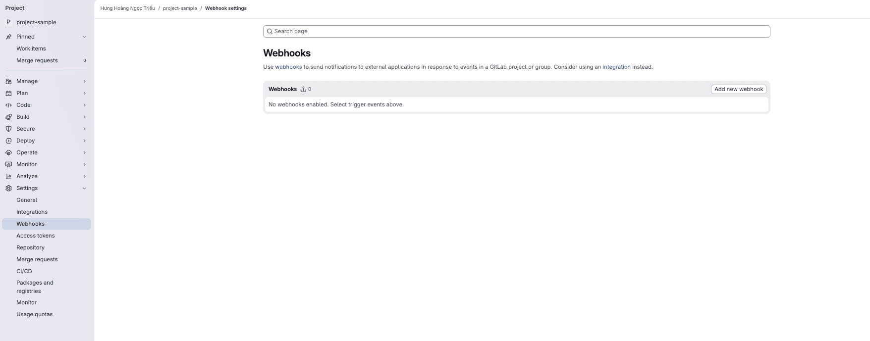 GitLab project Settings — Webhooks page