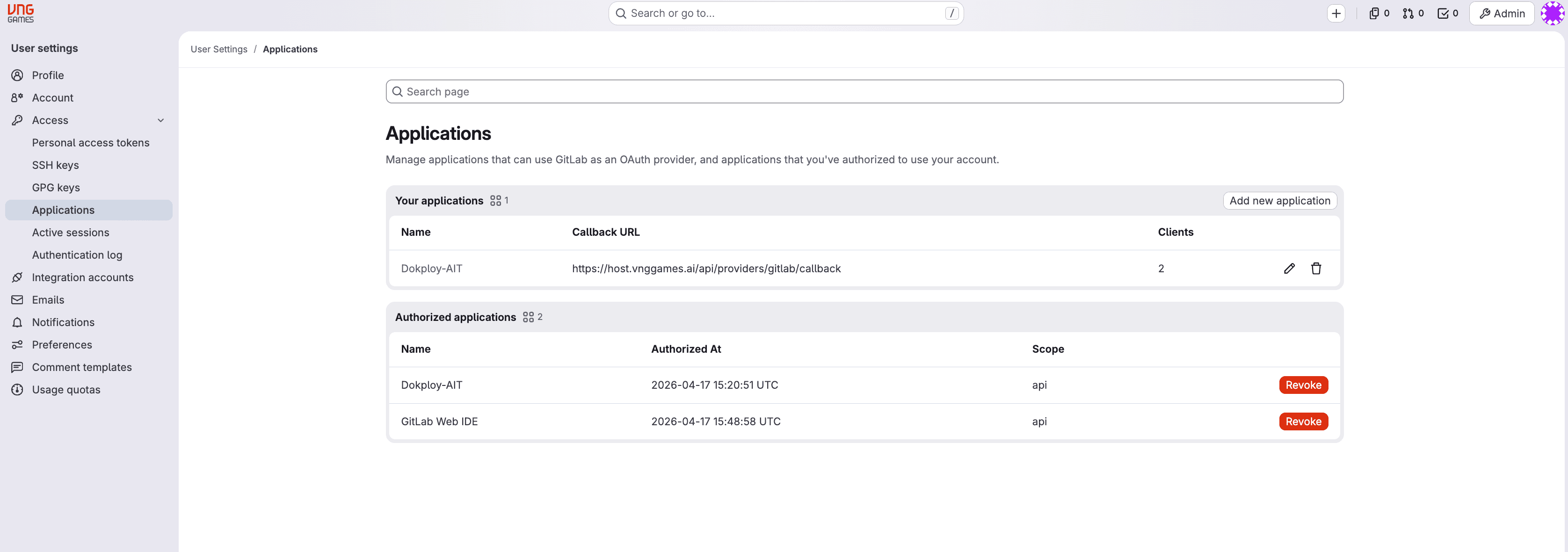 GitLab User Settings — Applications page with Add new application button