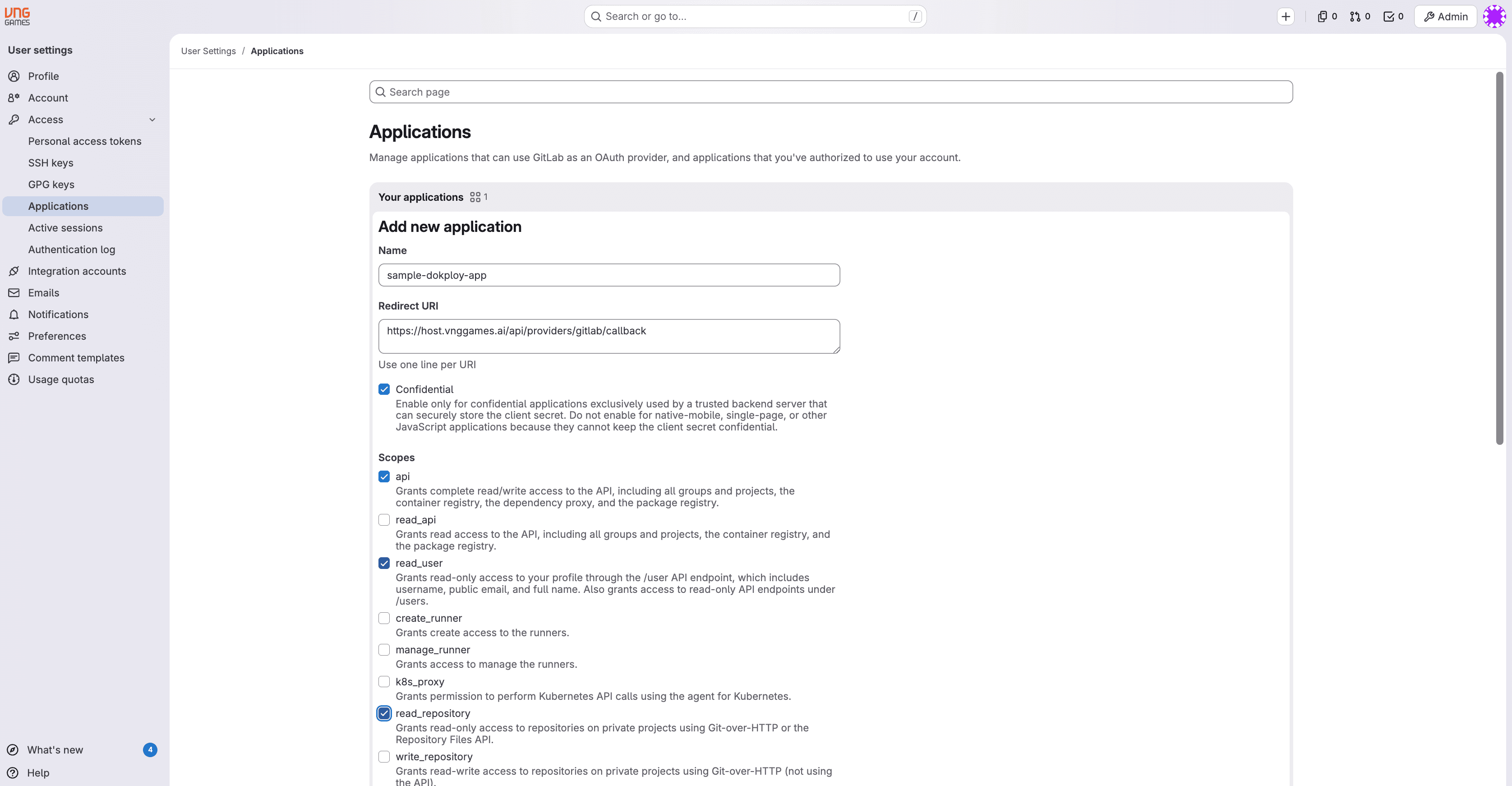 Add new application form — Name, Redirect URI, Confidential and Scopes filled in