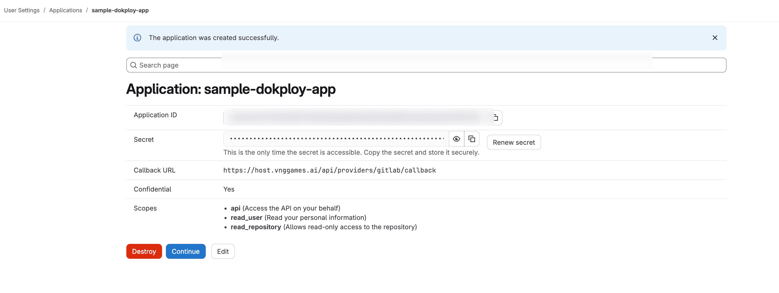Application created — Application ID and Secret displayed