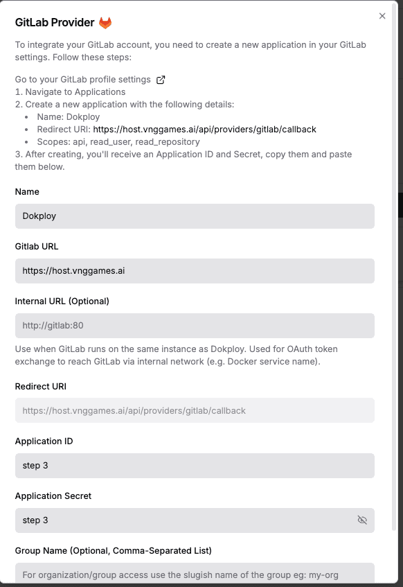 Dokploy GitLab Provider form — fields filled in