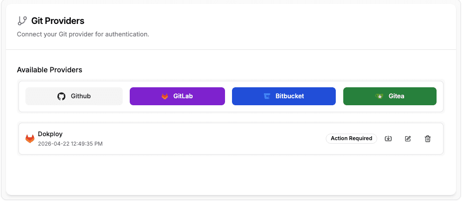 Dokploy Git Providers page — Action Required badge with authorize icon