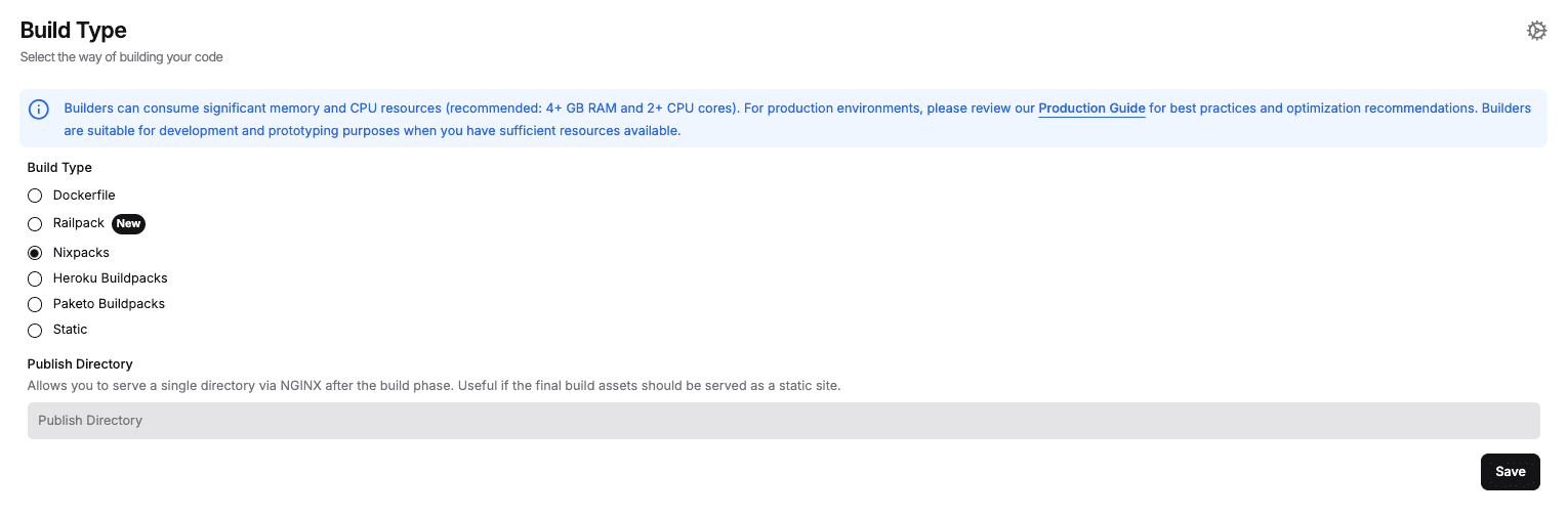 Service General tab — Build Type options