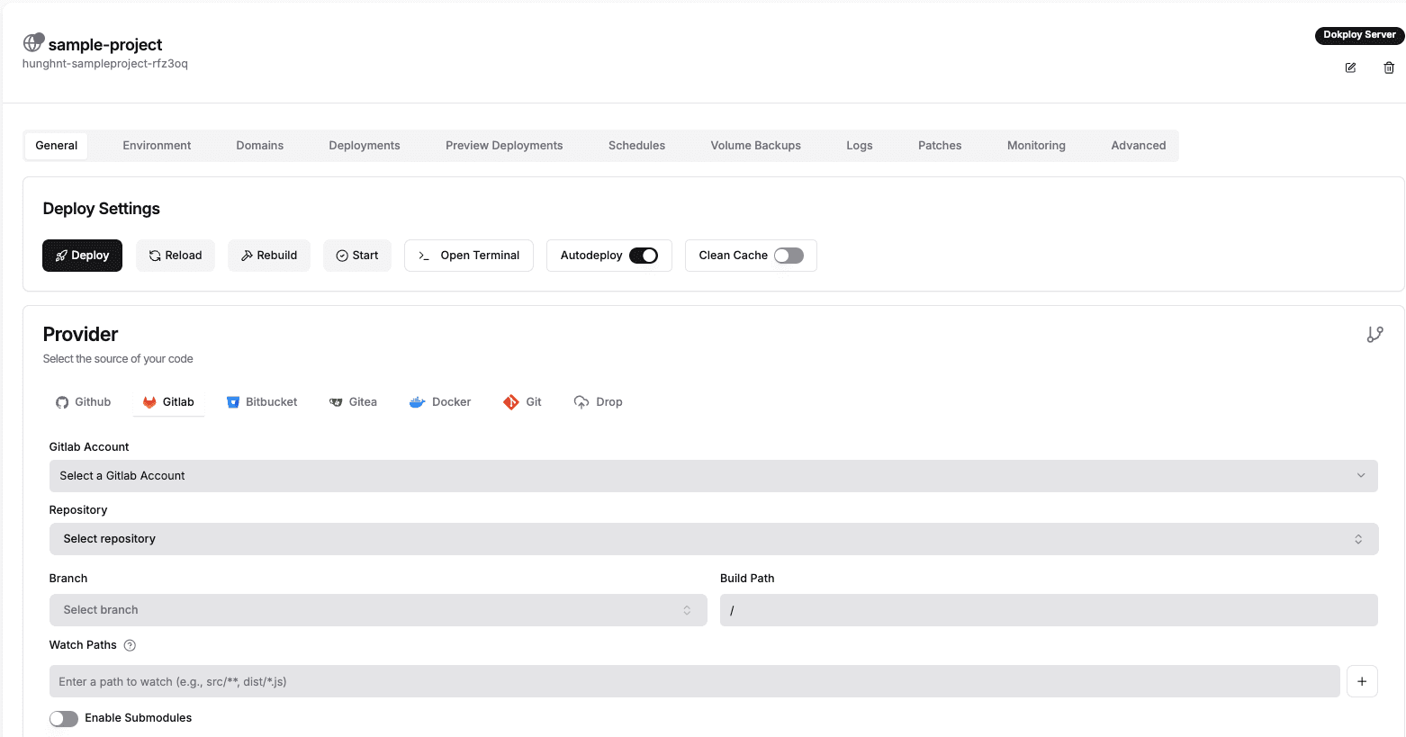 Service General tab — Provider set to GitLab with repo and branch selected