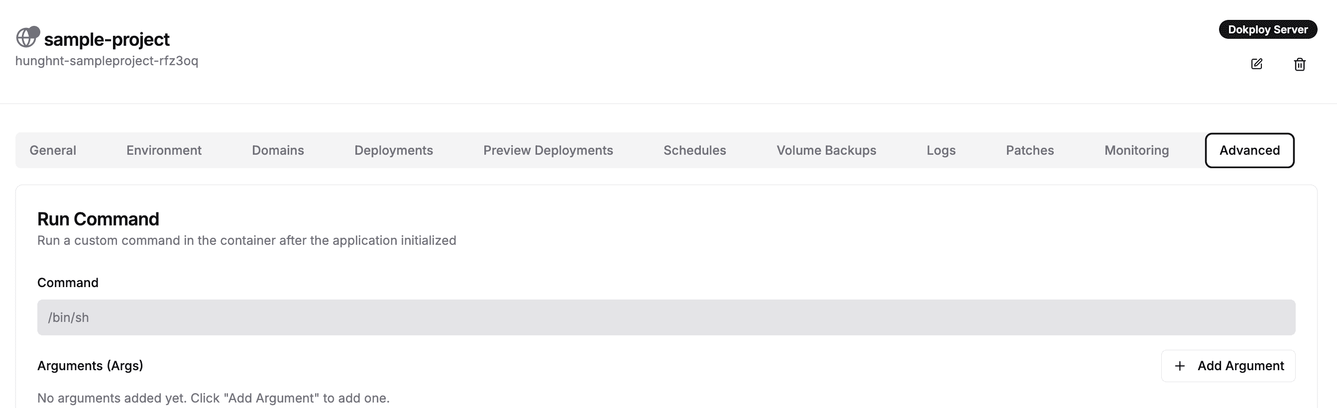 Advanced tab in Dokploy dashboard