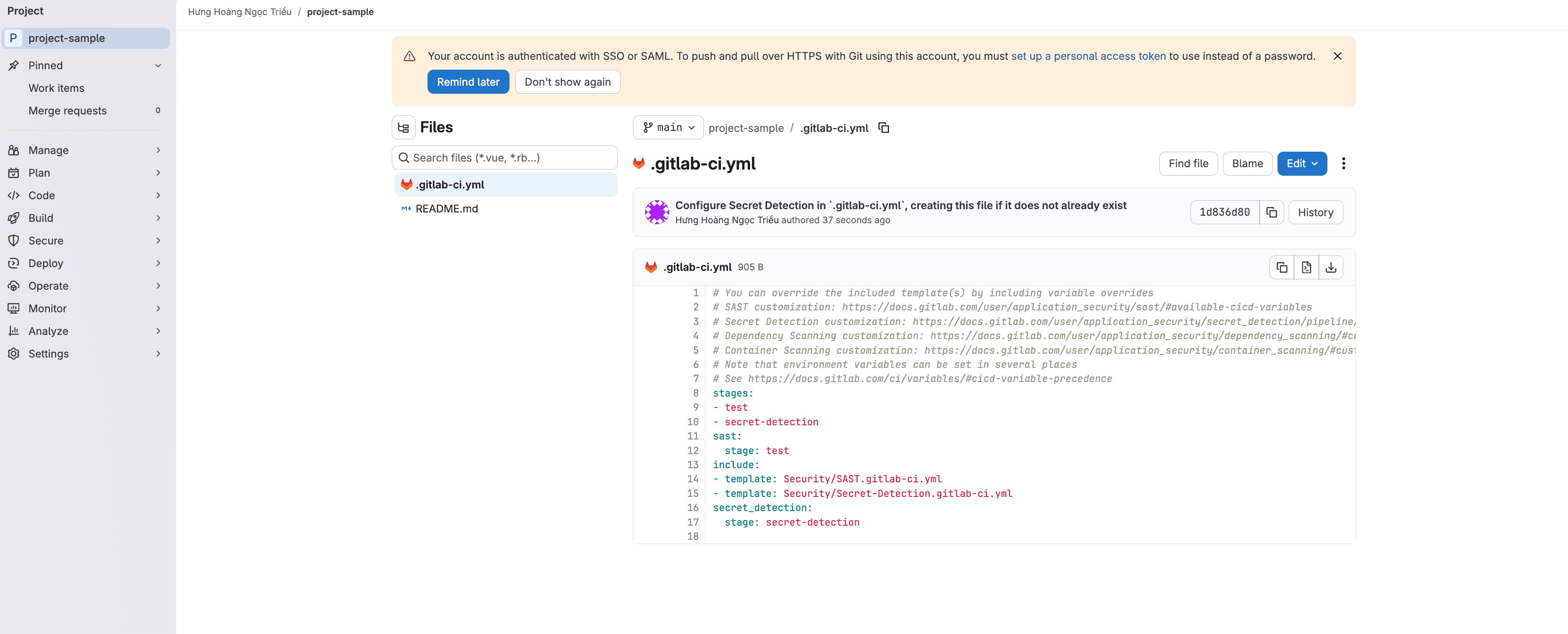 .gitlab-ci.yml file created in repository containing SAST and Secret Detection scan configuration