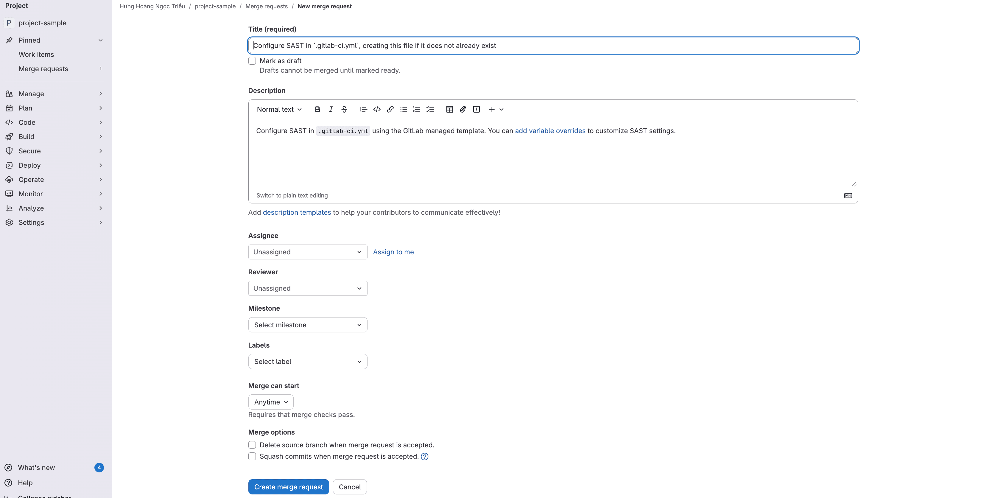 New merge request form pre-filled by GitLab to configure SAST in .gitlab-ci.yml