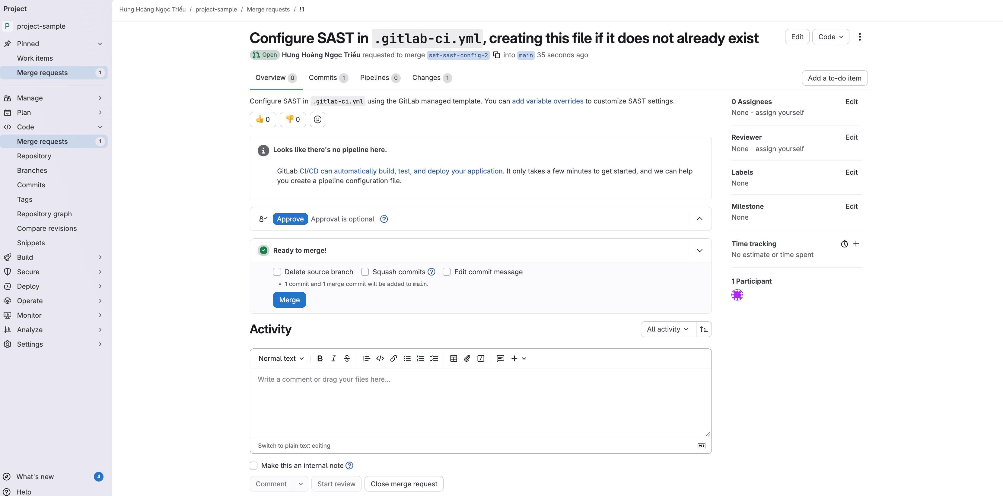 Merge request page showing pipeline status and Merge button ready to apply SAST config