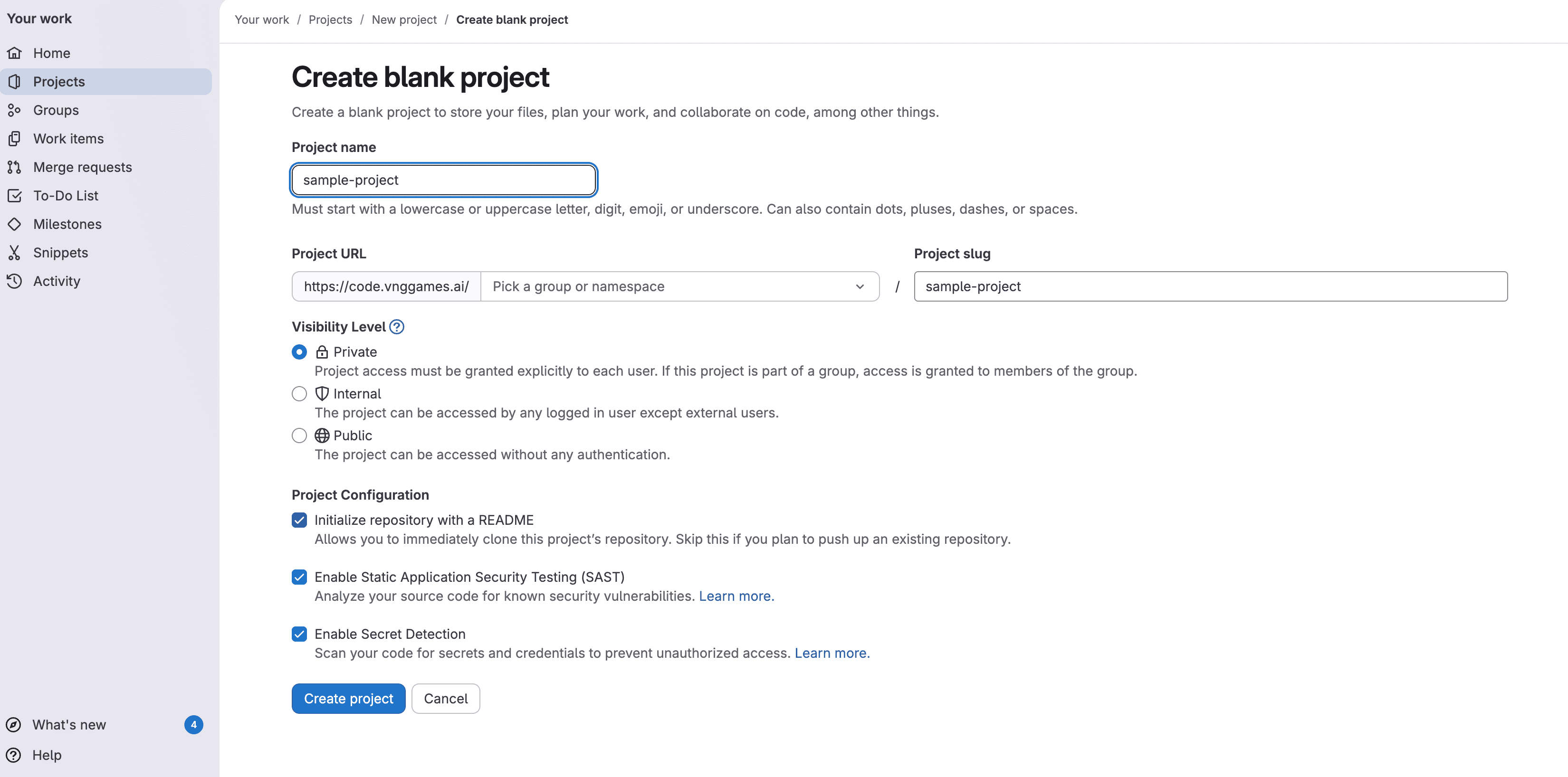 GitLab Create blank project — Project Configuration section with SAST and Secret Detection enabled