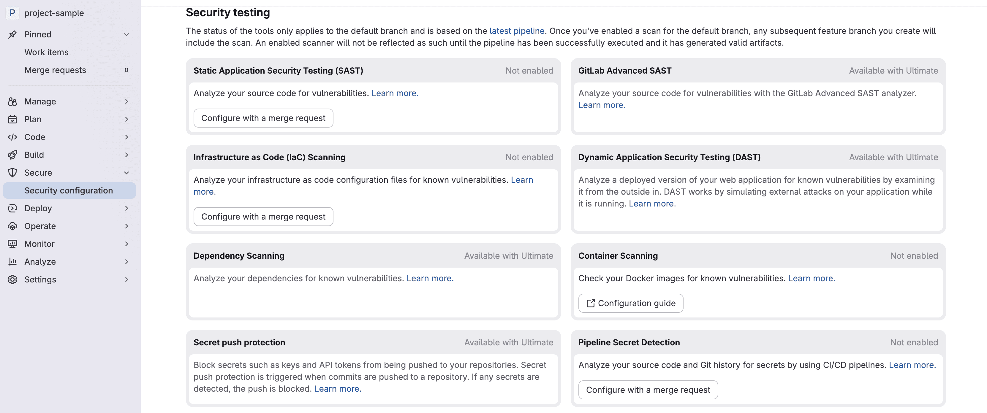 GitLab Security configuration — SAST and Pipeline Secret Detection with Configure with a merge request buttons