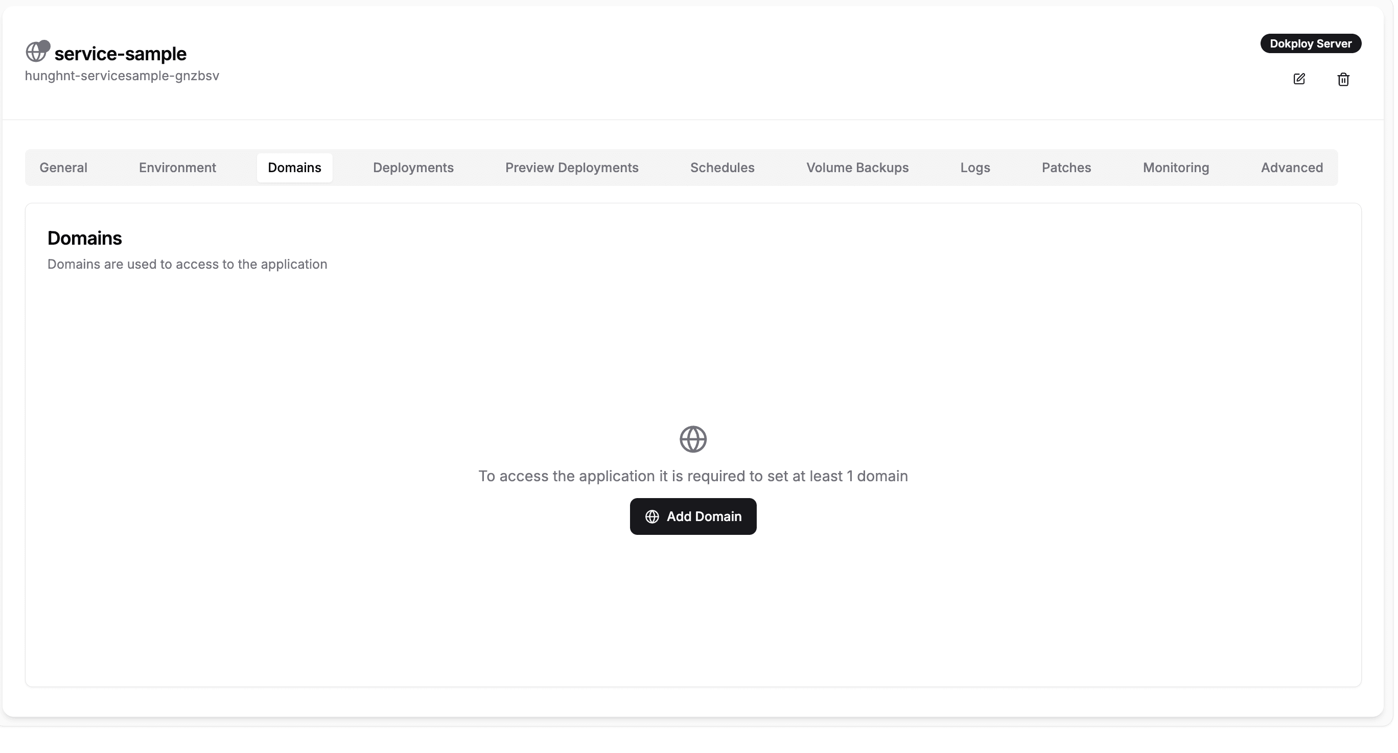 Dokploy Application — Domains tab with Add Domain button