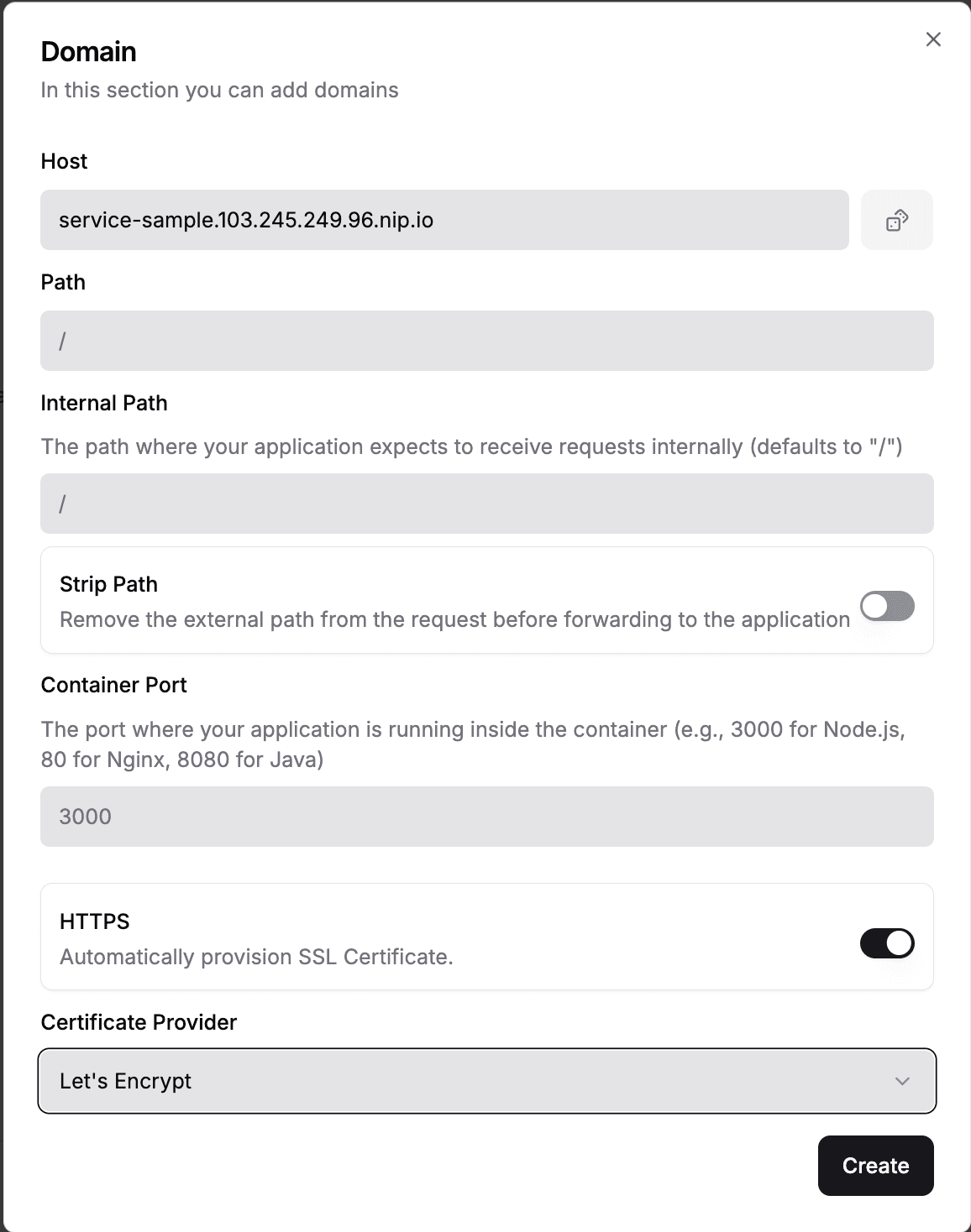 nip.io domain form — custom host with IP, Container Port 3000, HTTPS enabled, Let's Encrypt selected