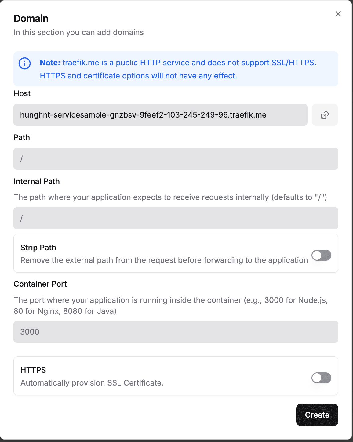 traefik.me domain form — Host auto-generated, Container Port 3000, HTTPS disabled